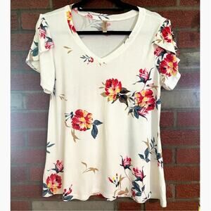 Womens Tee Shirt by Amethyst, Size L, Tighter Fit, Embellished Sleeves & Floral